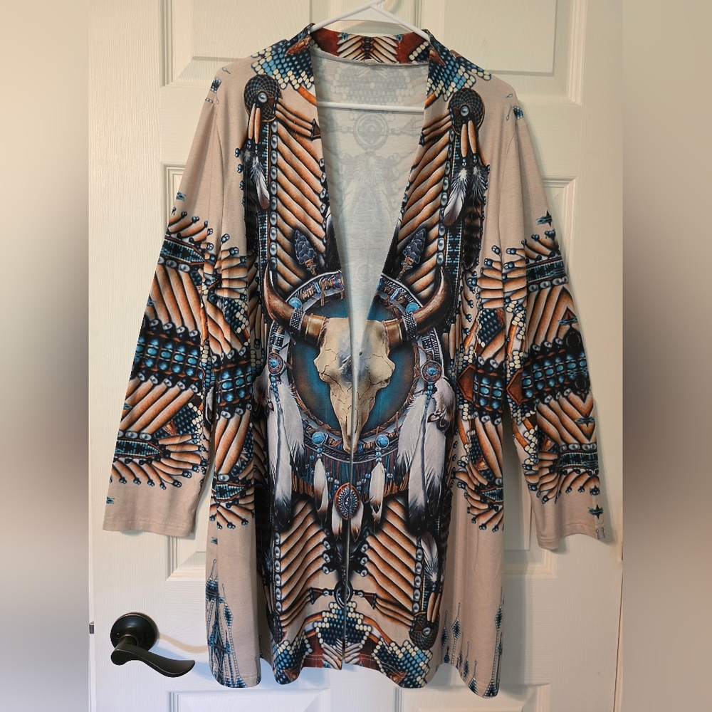 Beige Open-Front Cardigan with Turquoise Feather & Skull Motif